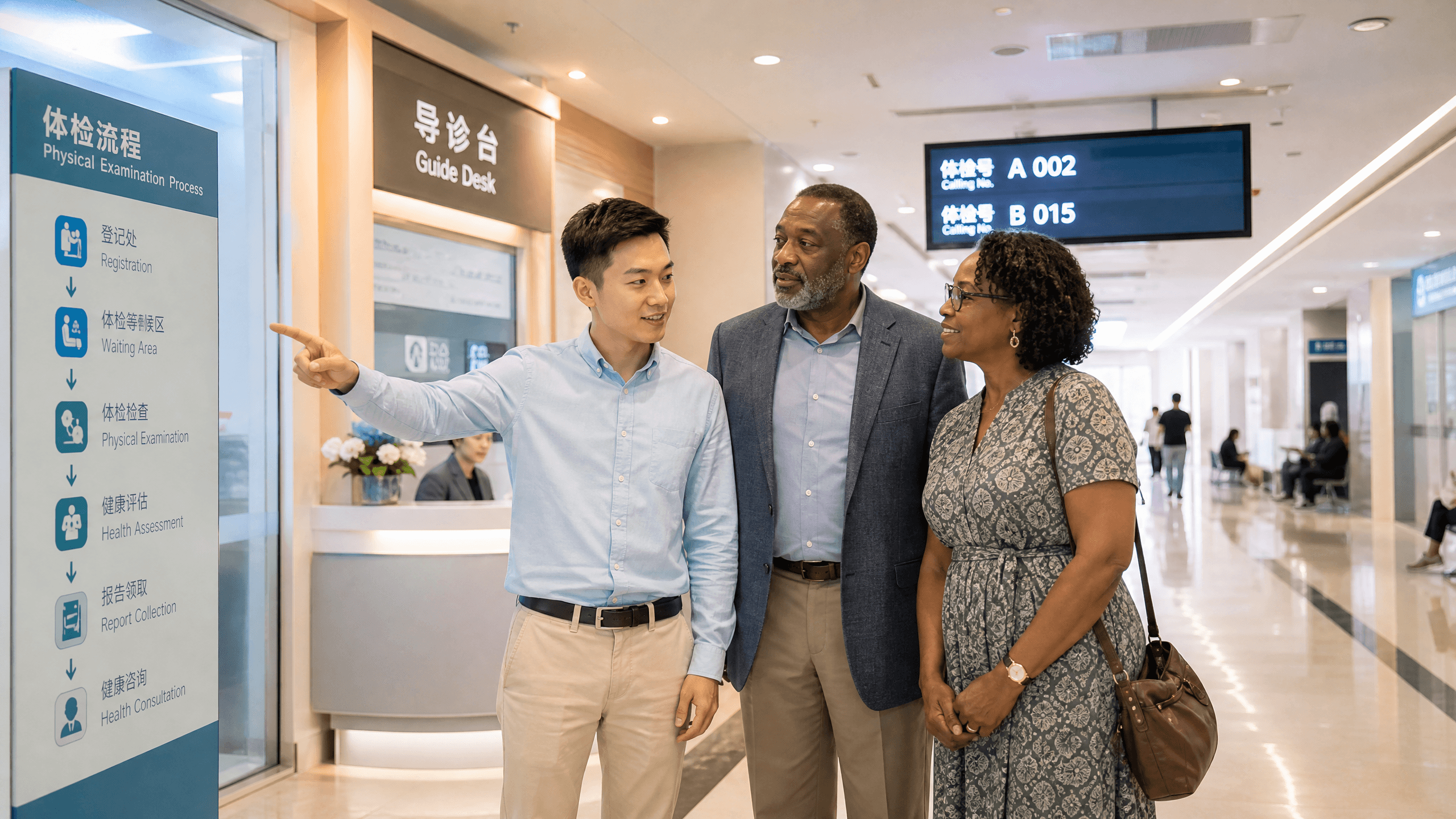 Companion helping international visitors during a health checkup day in China